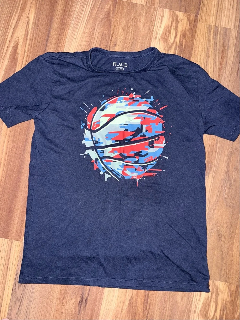 The Children’s Place Navy Tee with Red, Light Blue & White Basketball Graphic